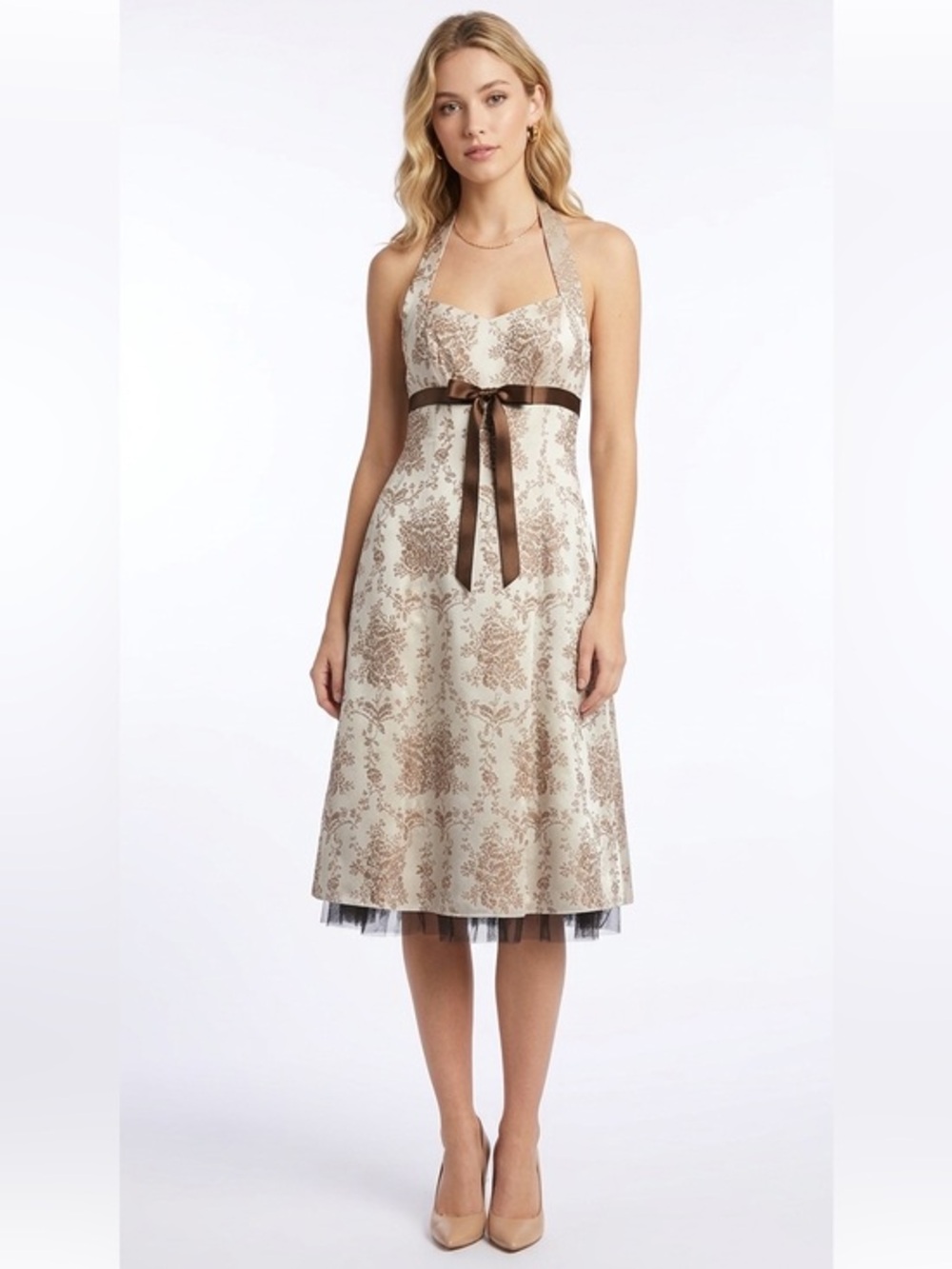 Elegant Cream & Brown Halter Dress with Floral Jacquard Print Size 5